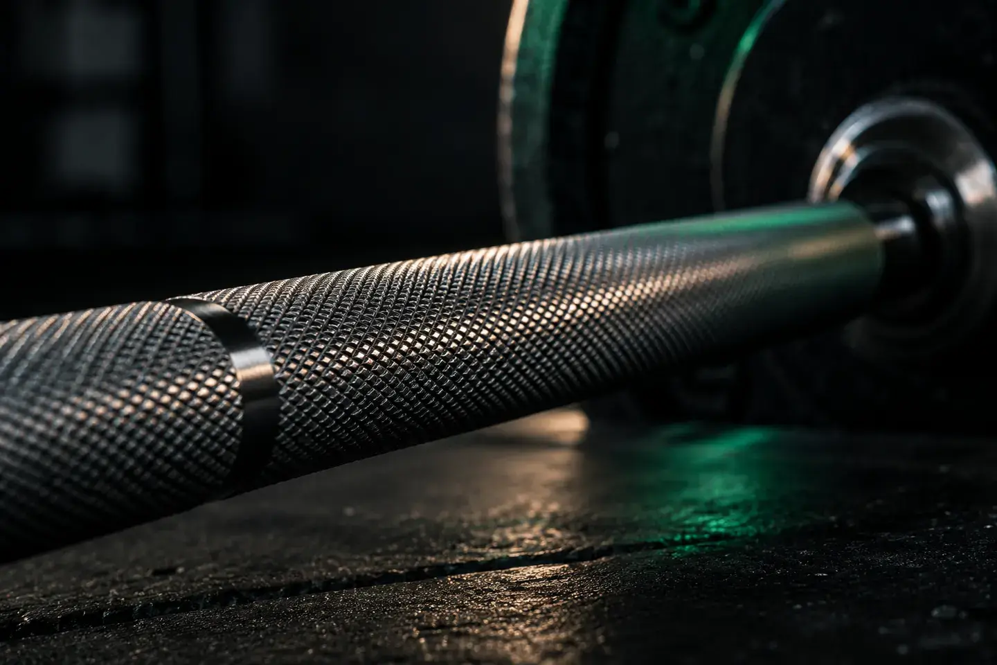 Close-up of the textured grip on a steel barbell